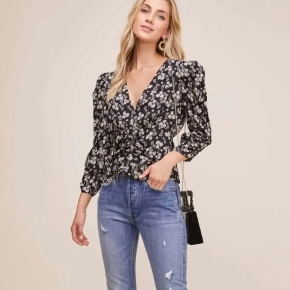 Astr the label floral ruched puff sleeve top xs